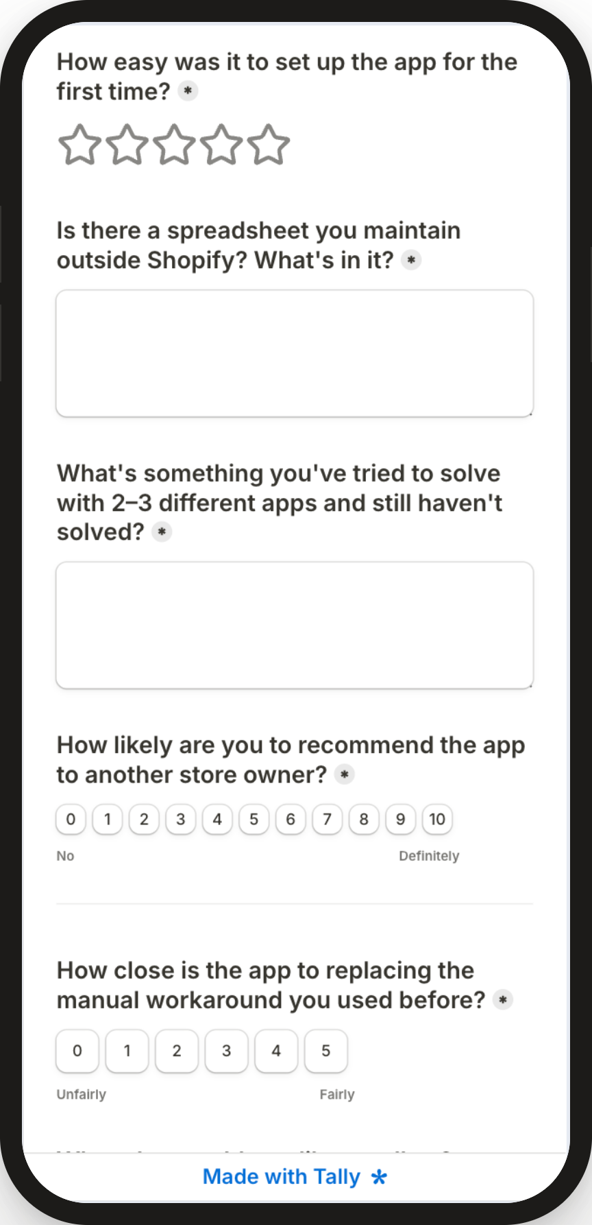 A short feedback form on a phone